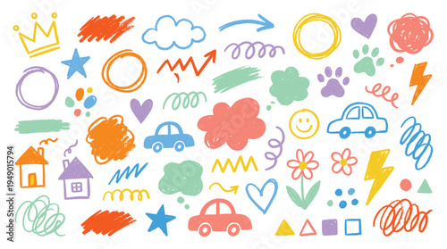 A collection of colorful hand drawn scribbles, vehicles, shapes, and symbols scattered across a plain white background for educational or playful use