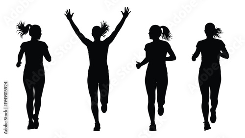 Four female silhouettes engaged in running activities depicted in black color on white background for fitness and sports illustrations