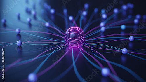 Wallpaper Mural Abstract 3D digital data visualization showing a central glowing purple core with ring patterns connected to blue network nodes Torontodigital.ca