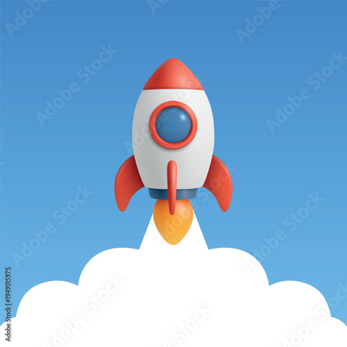 Rocket Launch Banner with Copy Space, Vector 3d Minimal Square Banner. Startup Space Travel Header, App UI Background. Blue and White Rocket Launch on Blue Sky Clouds