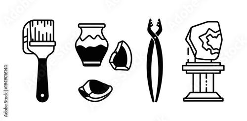 Diverse collection of monochrome line art icons showcasing crafting tools, ancient artifacts, and sculptural elements for artistic and historical projects