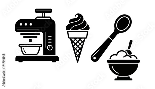 Collection of kitchen appliances and desserts including a mixer, ice cream cone, and bowl with spoon and dessert, symbolizing culinary creation and sweet treats