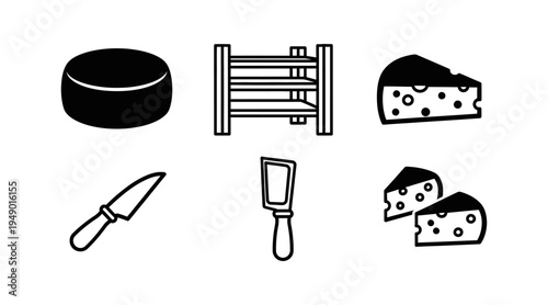 Set of icons featuring cheese and cheese-related accessories like knives and a rack, perfect for food blogs or menus