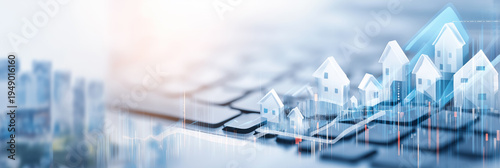Rising transparent house icons soar above a keyboard symbolizing real estate digital investment growth.
