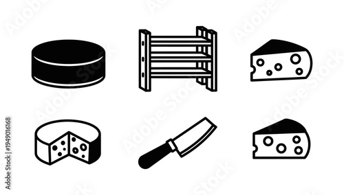 Set of simple line art icons depicting various cheeses and a cheese knife
