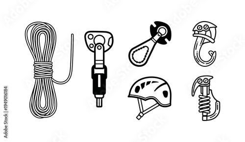 Collection of climbing gear including rope, carabiner, ascender, helmet, and ice axe