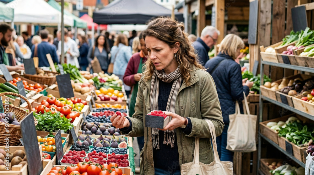 Obraz premium Woman choosing fresh raspberry at outdoor farmers market. Customer holding berry crate in local grocery shop. Shopping for organic fruit and vegetable. Healthy food lifestyle concept.