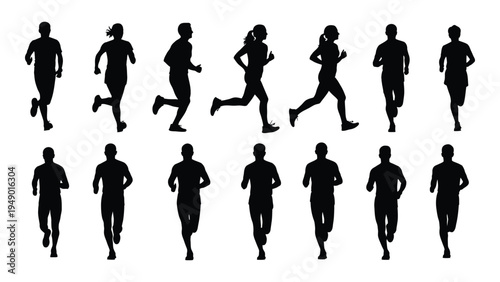 Collection of black silhouette images of men and women running in various poses and running styles on white background for fitness and sports illustrations