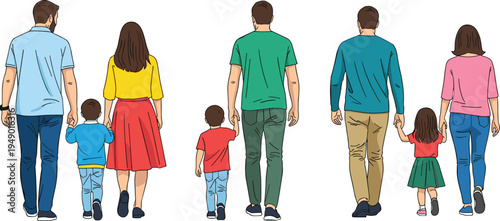 Rear view of diverse young families and single father walking together with children, flat vector illustration of parenthood, childhood, and modern lifestyle concepts.