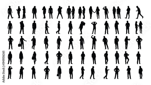 Collection of diverse human silhouettes in various poses and actions on white background for design and illustration