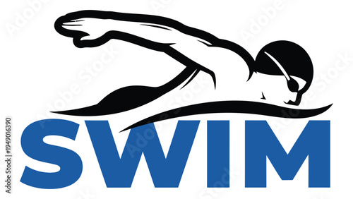 Swim logo analysis with swimmer silhouette and bold typography on a clean white background for a professional look