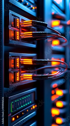 Server Rack with Glowing Orange Cables and Blue Lighting in Data Center. Vertical video.