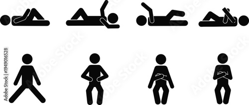 Stick Figure Illustration Set Showing Progression of Supine Physical Therapy Exercises For Core Strengthening Leg Lifts and Posture Correction Training For Rehabilitation Workouts