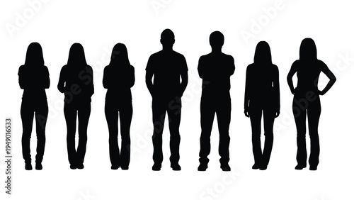 A group of seven people standing in a line, silhouettes of men and women in various poses, black figures on white background, human forms in profile, diverse body types and attire