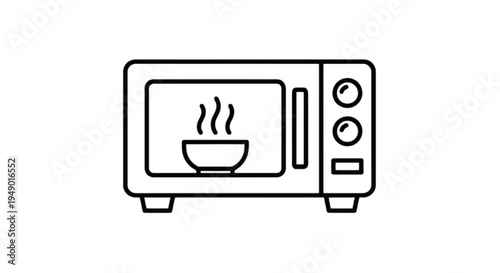 A simple black and white line art illustration of a kitchen microwave oven heating up a hot meal isolated on transparent background, Vector