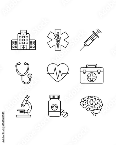 Medical and healthcare line icons set featuring hospital, cardiology, and pharmacy symbols.