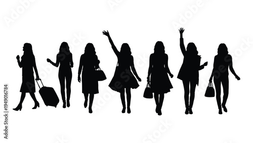Seven silhouettes of women in various poses and attire walking with luggage and handbags on white background
