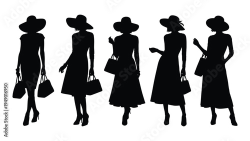 Fashionable women silhouettes in various poses and outfits with hats and handbags
