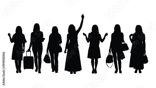 Seven silhouette women walking in a line with various accessories and gestures