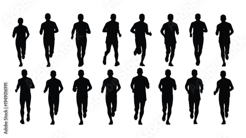 Collection of diverse silhouette figures of people running in different poses and styles on a white background for athletic and fitness concepts