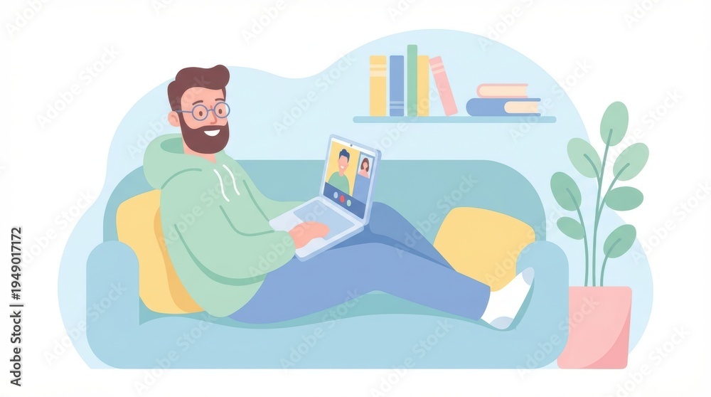 Obraz premium man sits comfortably on couch with laptop in cozy home environment.