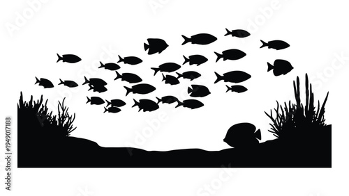 Underwater scene with school of fish swimming near the ocean floor with seaweed and aquatic plants