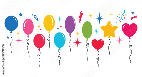 Colorful Party Balloons and Confetti Elements, Colorful Party Balloons and Stars Vector Illustration