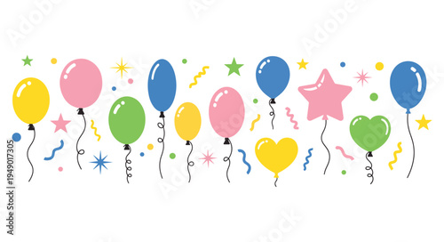 Colorful Party Balloons and Confetti Elements, Colorful Party Balloons and Stars Vector Illustration - Festive Birthday Celebration Clipart