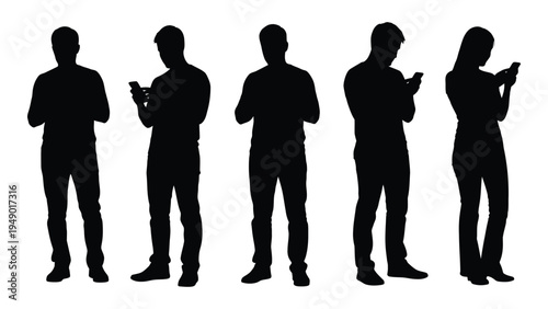 Silhouettes of five individuals engaged with mobile devices in a row on white background