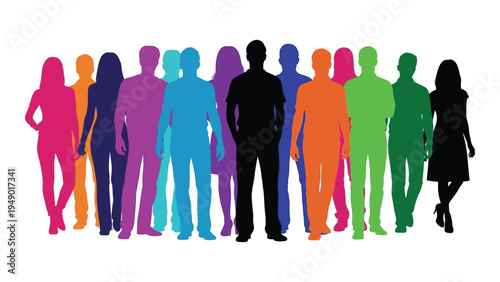 Diverse group of people standing together in unity and harmony with different colors and silhouettes representing individuality and inclusivity