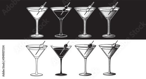 Hand-Drawn Line Art, Vintage Engraved Martini Cocktail Glasses Set