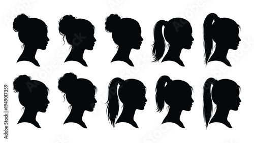 A collection of diverse female hairstyle silhouettes in profile view showcasing various hairdos and ponytail styles