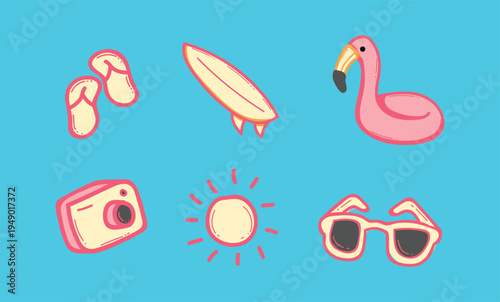 Summer Beach Icons Set With Sunglasses, Surfboard, Flamingo Float, Camera, Sun And Flip Flops
