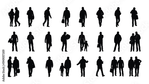 Collection of diverse human silhouettes in various poses and activities on a white background