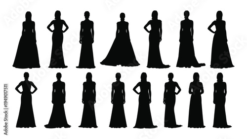 Collection of elegant black silhouettes of women in various formal gowns and evening dresses