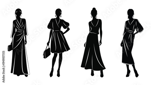 Four stylish female silhouettes in various fashionable outfits and poses
