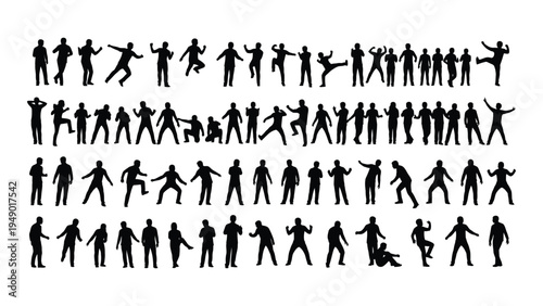 A comprehensive analysis of human movement and action through a series of silhouette illustrations depicting various physical activities and poses