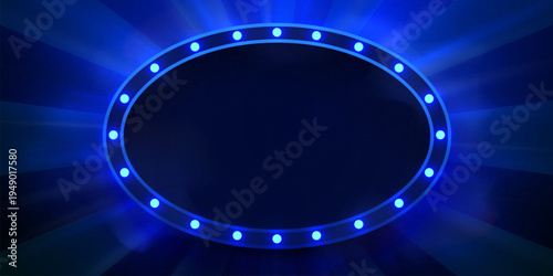 Blue glowing oval frame with radial light rays, perfect for text, sign, or stage background. Vector illustration