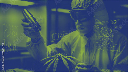 Halftone Pixelated Effect Scientist in lab coat examining cannabis plant in laboratory setting with safety goggles