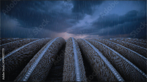 Halftone Pixelated Effect Agricultural Hay Bales in Field Under Dramatic Stormy Sky