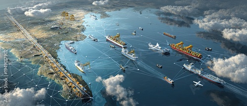 3D visualization of global logistics showing cargo ships, freight trains, trucks and airplanes