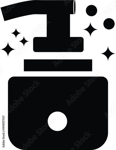 A minimalist black and white graphic icon representing a soap dispenser with sparkling clean effect