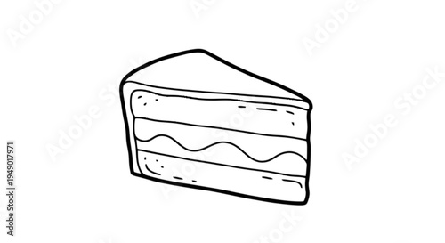 A single triangular slice of layered cake featuring a wavy cream filling in a simple line drawing isolated on transparent background, Vector