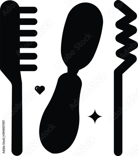 A black silhouette icon featuring a hair comb a baby brush and a zigzag tool for hair styling care
