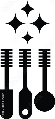 A black and white graphic illustration featuring three distinct makeup applicator brush silhouettes