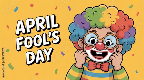 Colorful clown celebrating april fool's day with confetti on yellow background