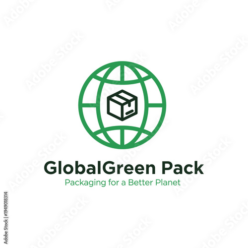 Globe outline with cardboard box icon for international eco friendly packaging and sustainable logistics business logo for GlobalGreen Pack
