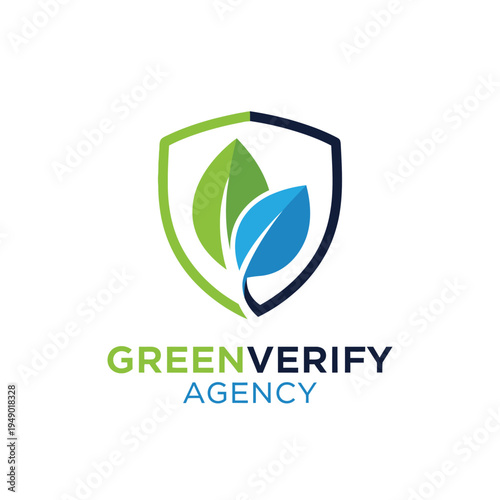 Shield icon with green and blue leaves for environmental protection and sustainable verification agency branding logo for GreenVerify Agency