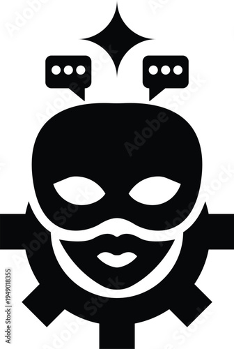 A minimalist black and white icon depicting a masked figure with speech bubbles and a star symbol