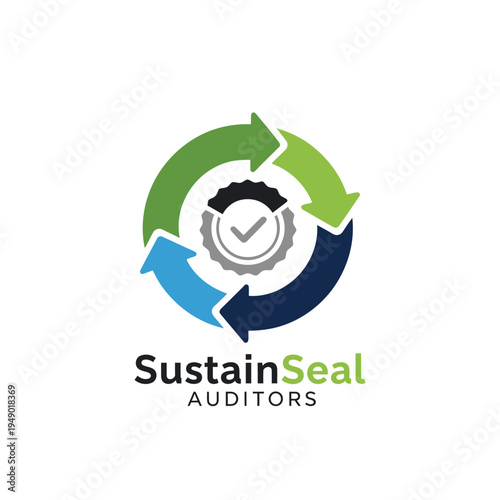 Circular recycling arrows around verified seal badge icon logo for sustainability auditing and eco certification services for SustainSeal Auditors